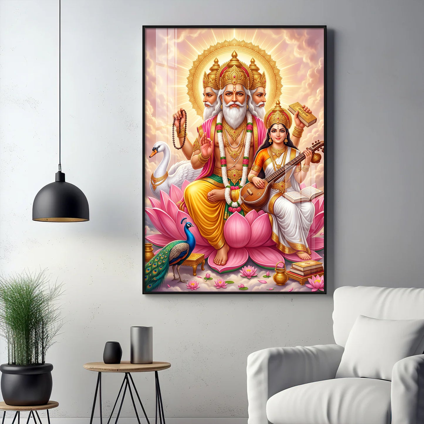 God Brahma Alongside Saraswati Glass Finish Vertical Wall Art