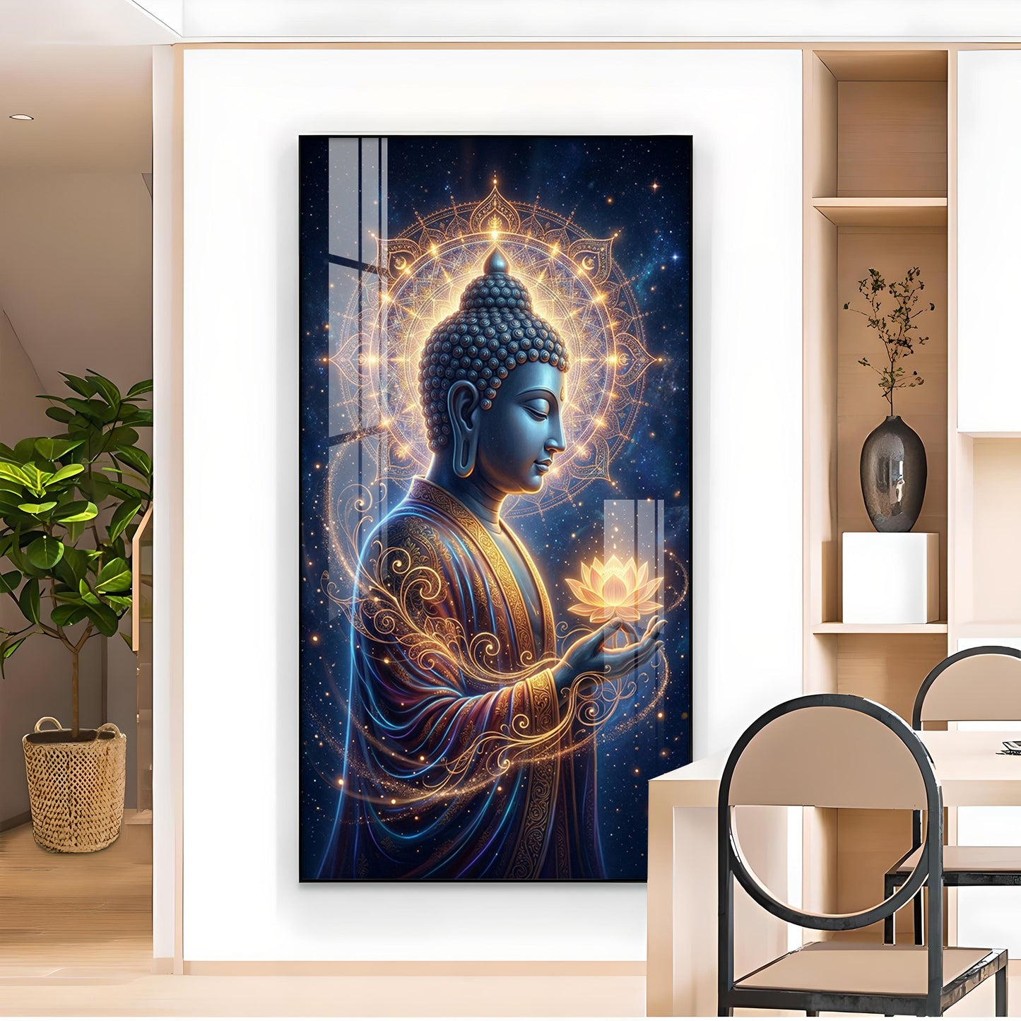 Gautam Buddha Glass Finish Vertical Wall Art