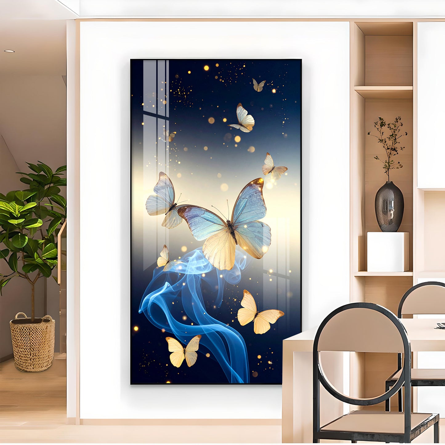 Azure Butterfly Dance Glass Finish Vertical Wall Art