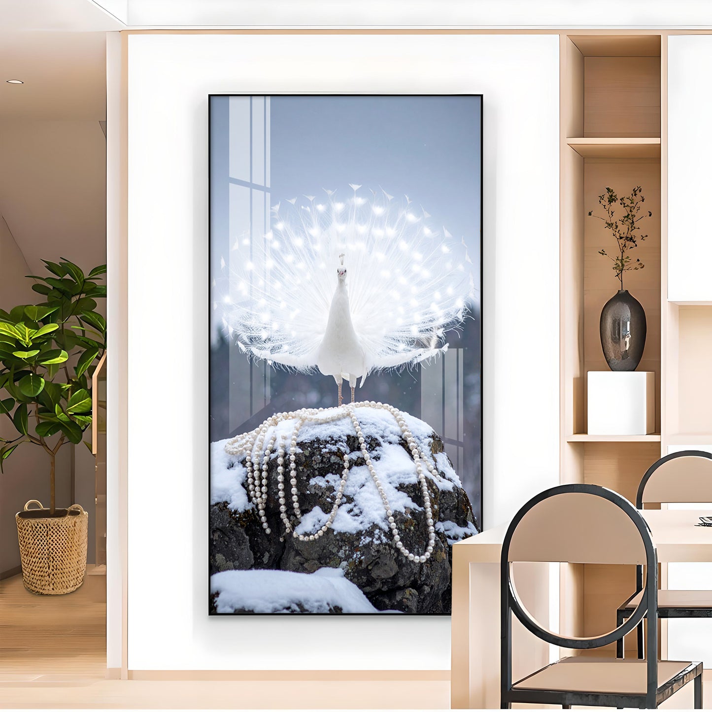 Dazzling Pearl Peacock Glass Finish Vertical Wall Art