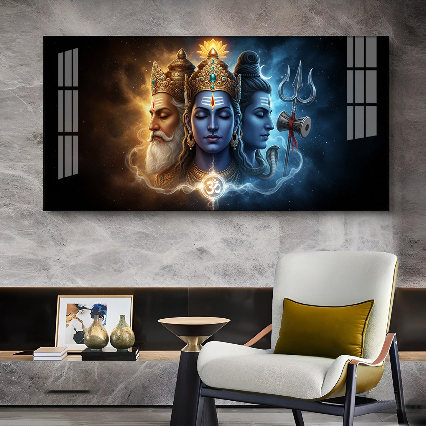 Trimurti Brahma, Vishnu, & Shiva Glass Finish Horizontal Wall Art