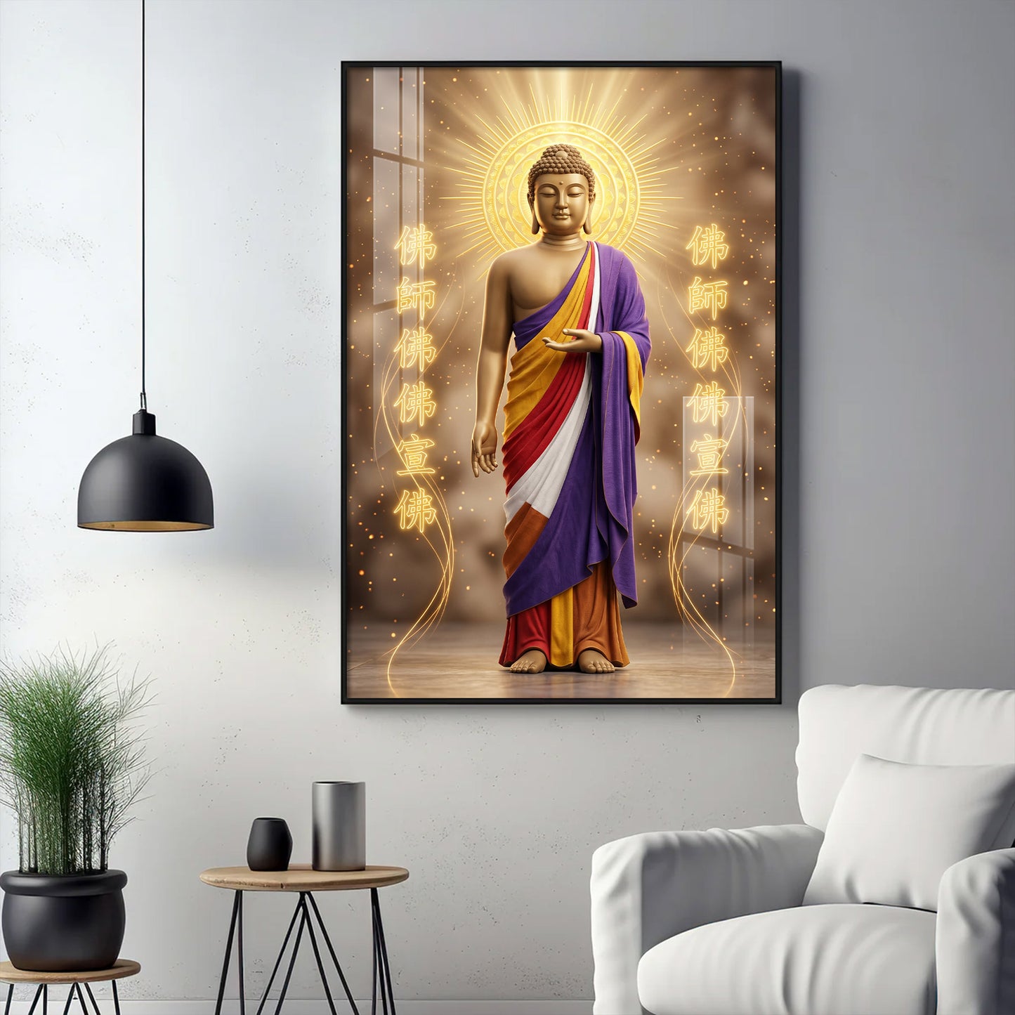 Depicting A Golden Buddha Glass Finish Vertical Wall Art