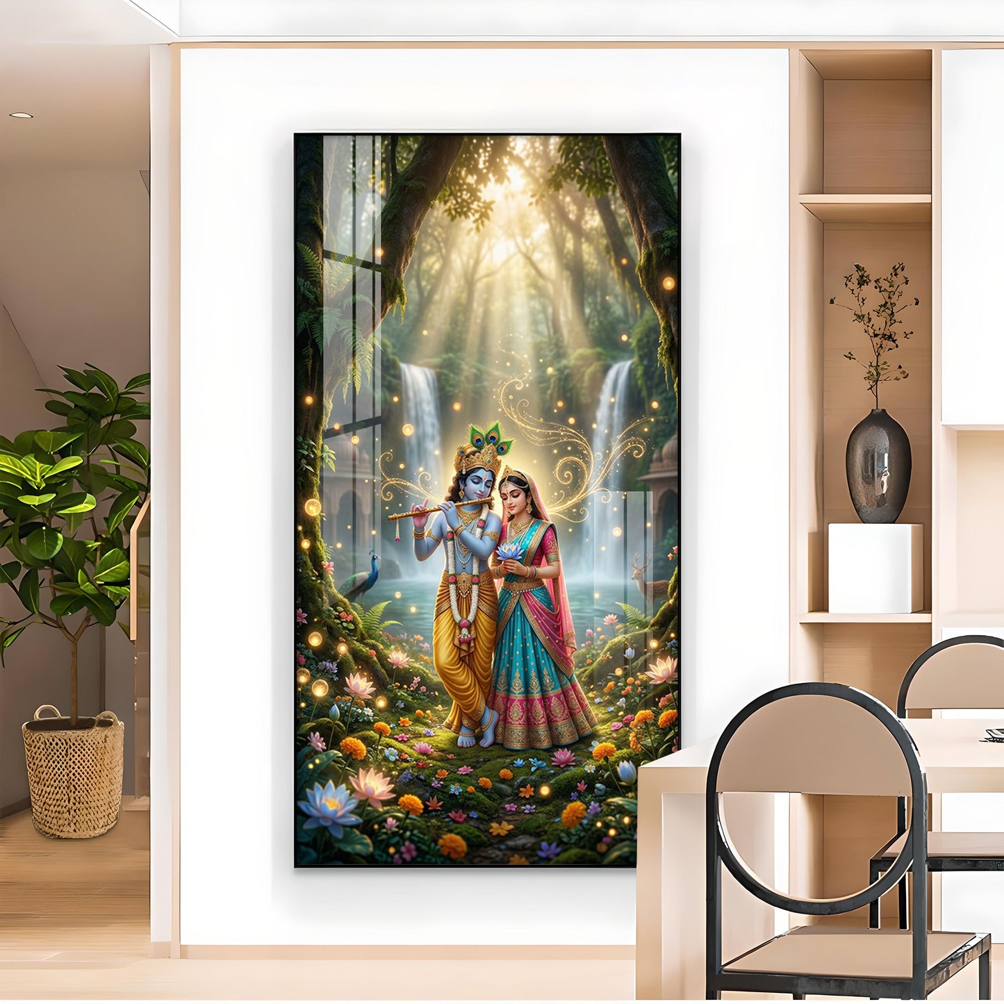 Beautiful Radha Krishna Divine Love Glass Finish Vertical Wall Art