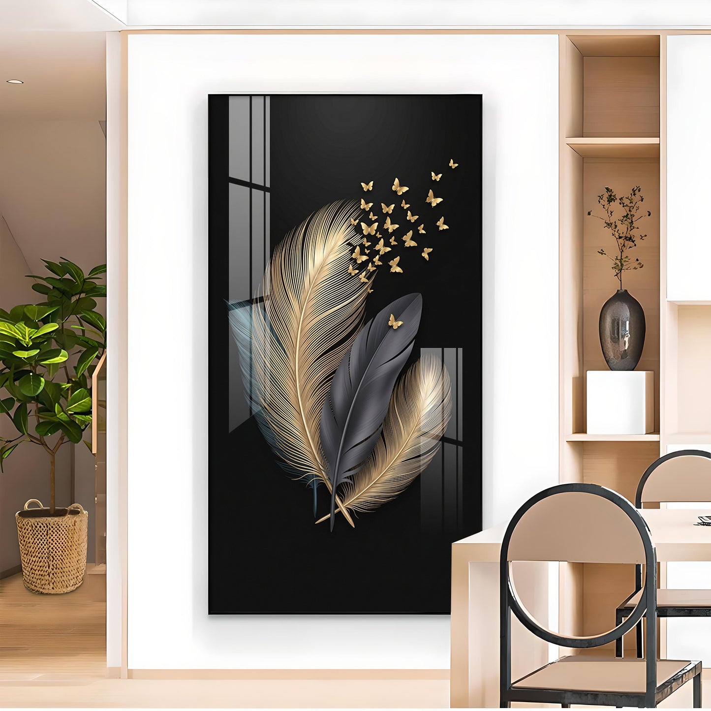 Black & Gold Feathers With Delicate Butterflies Glass Finish Vertical Wall Art