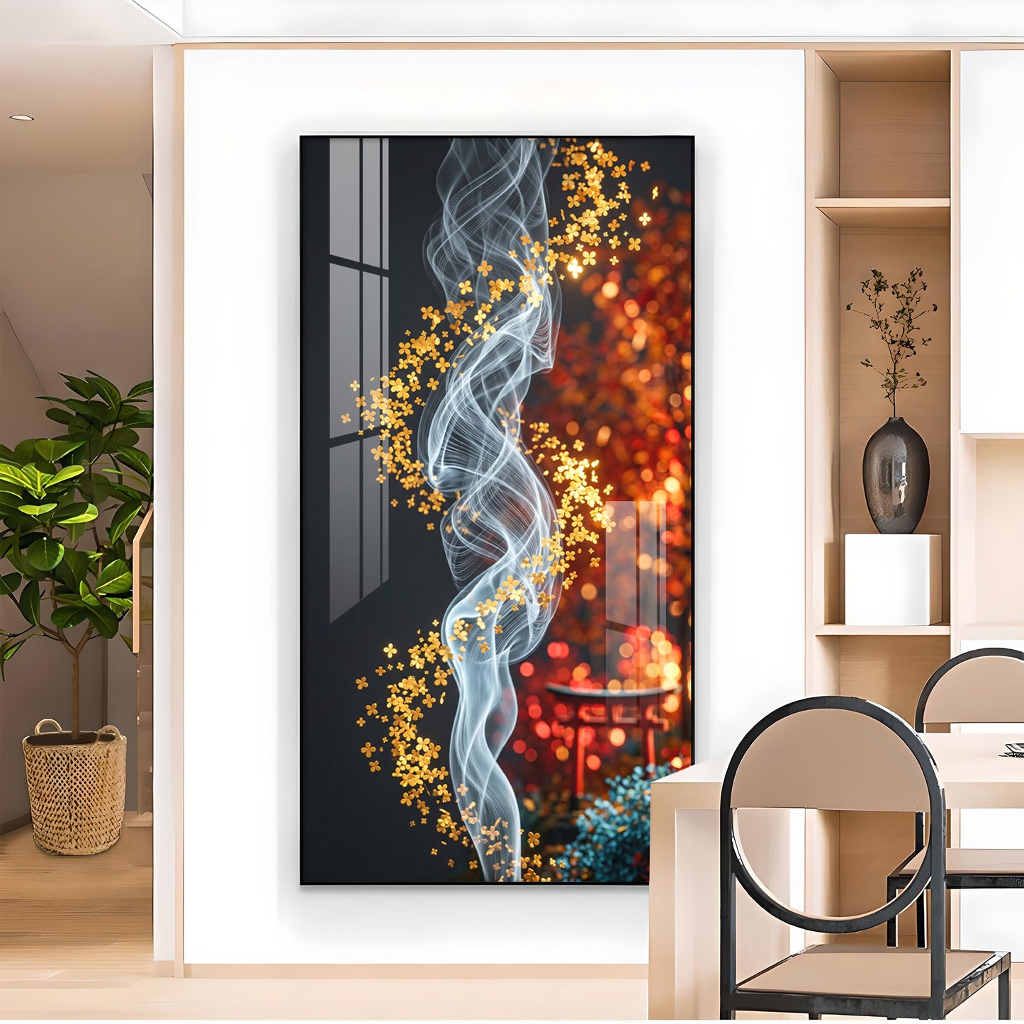 Whispers of Golden Bloom Glass Finish Vertical Wall Art