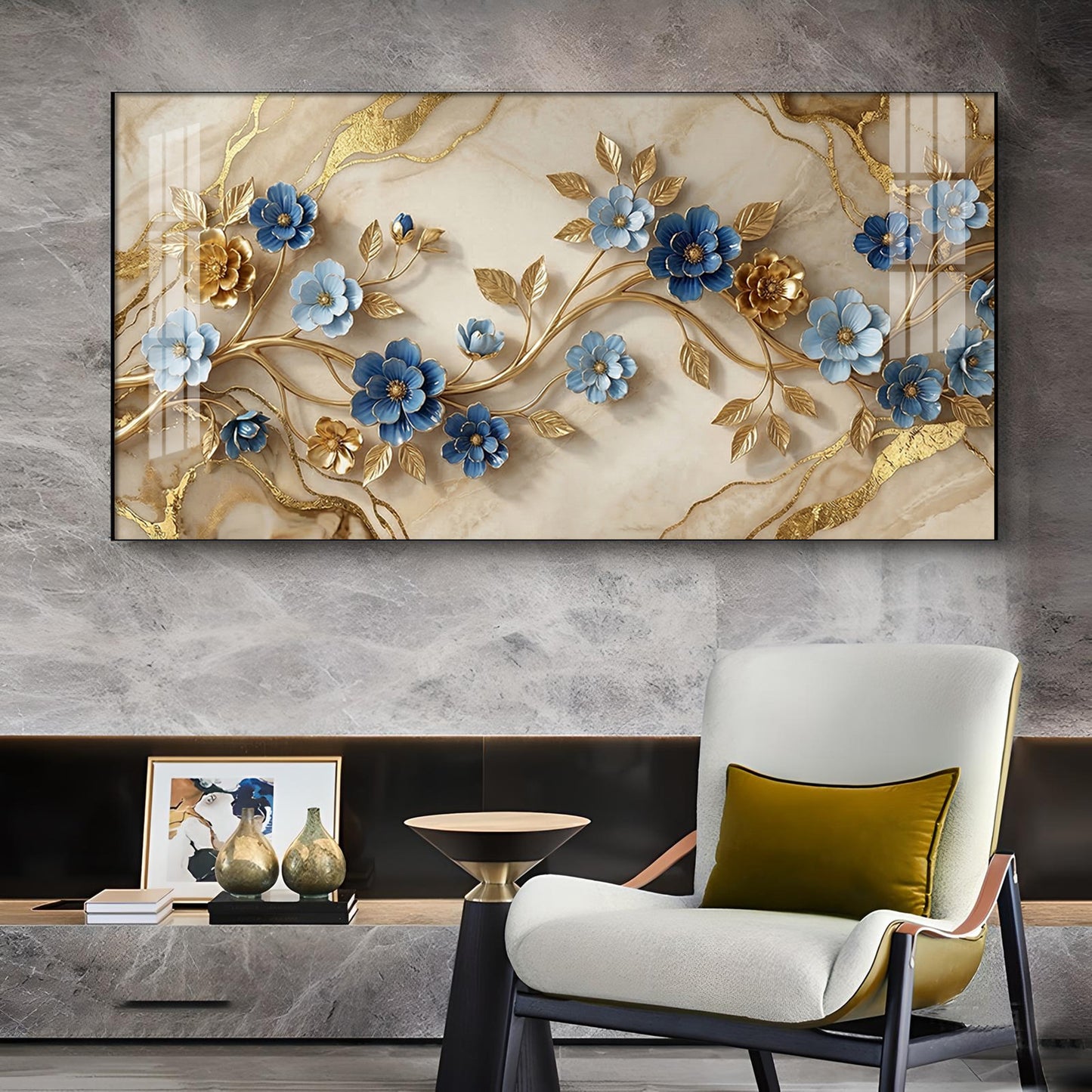 Elegant Blue Flower Glass Finish Horizontal Wall Art