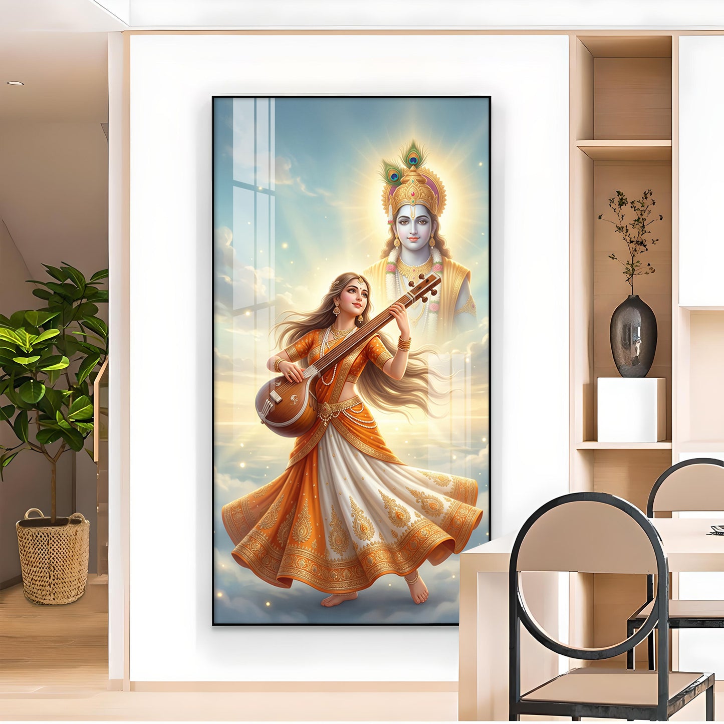 Divine Meera Bai with krishna Glass Finish Vertical Wall Art