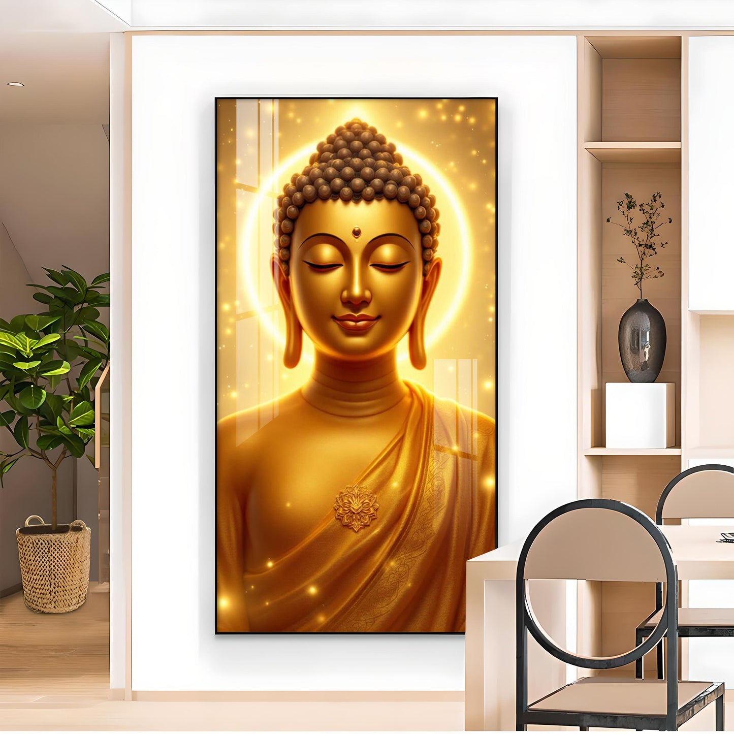 Golden Meditating Buddha Glass Finish Vertical Wall Art