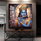 Spiritual Krishna With Flute Glass Finish Square Wall Art