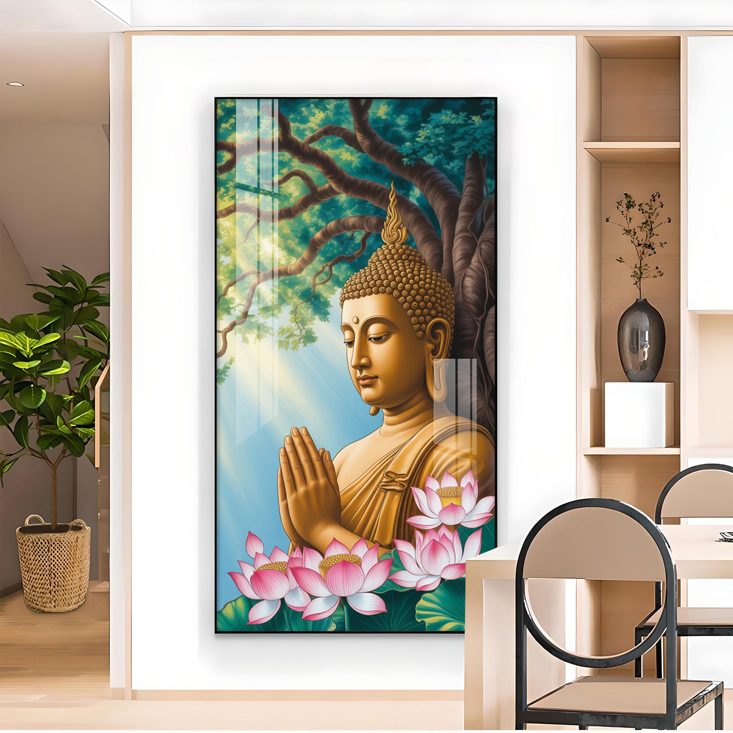 Religious Buddha Glass Finish Vertical Wall Art