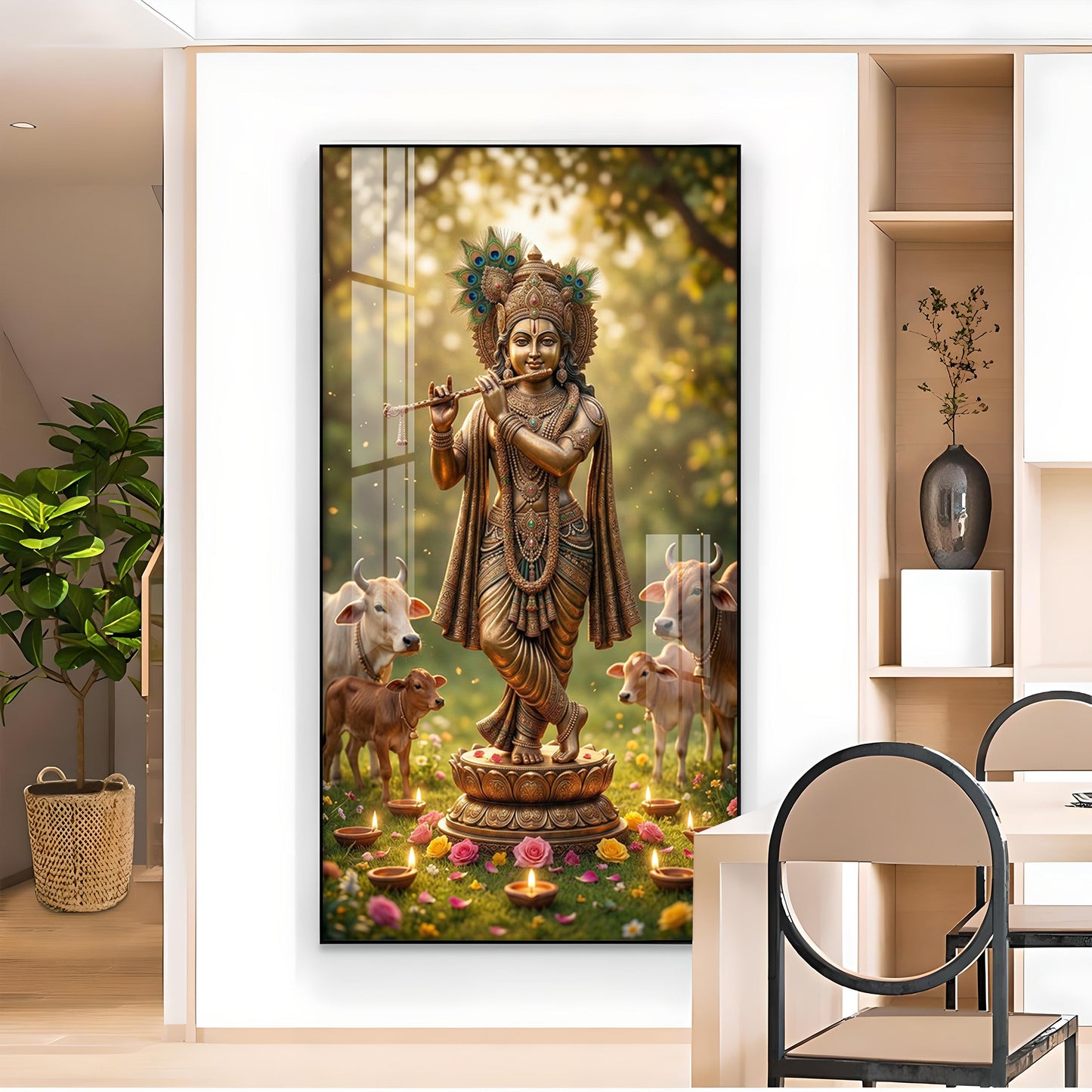 Lord Krishna With Playing the Flute Glass Finish Vertical Wall Art
