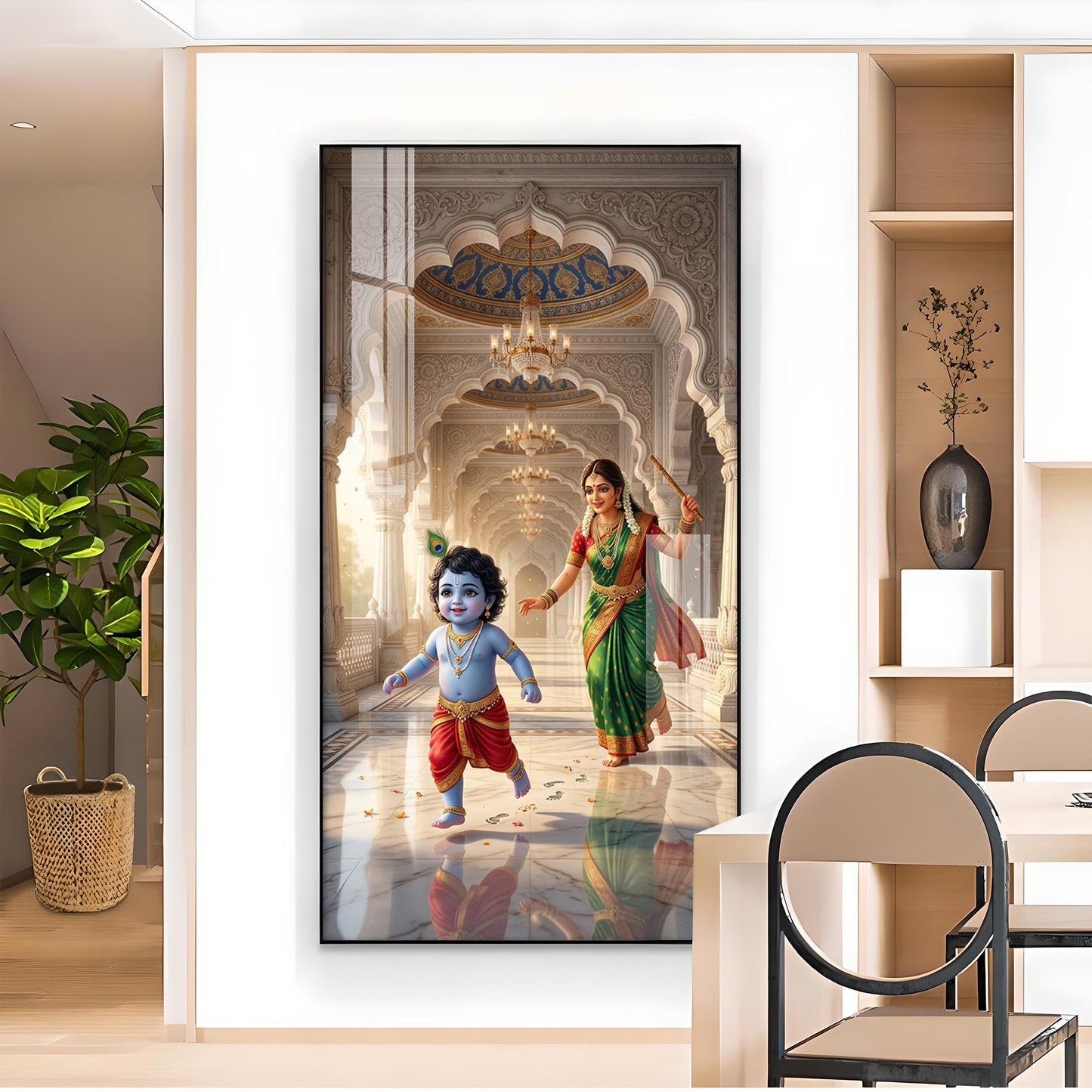 Little kanha With Maa Yashoda Glass Finish Vertical Wall Art