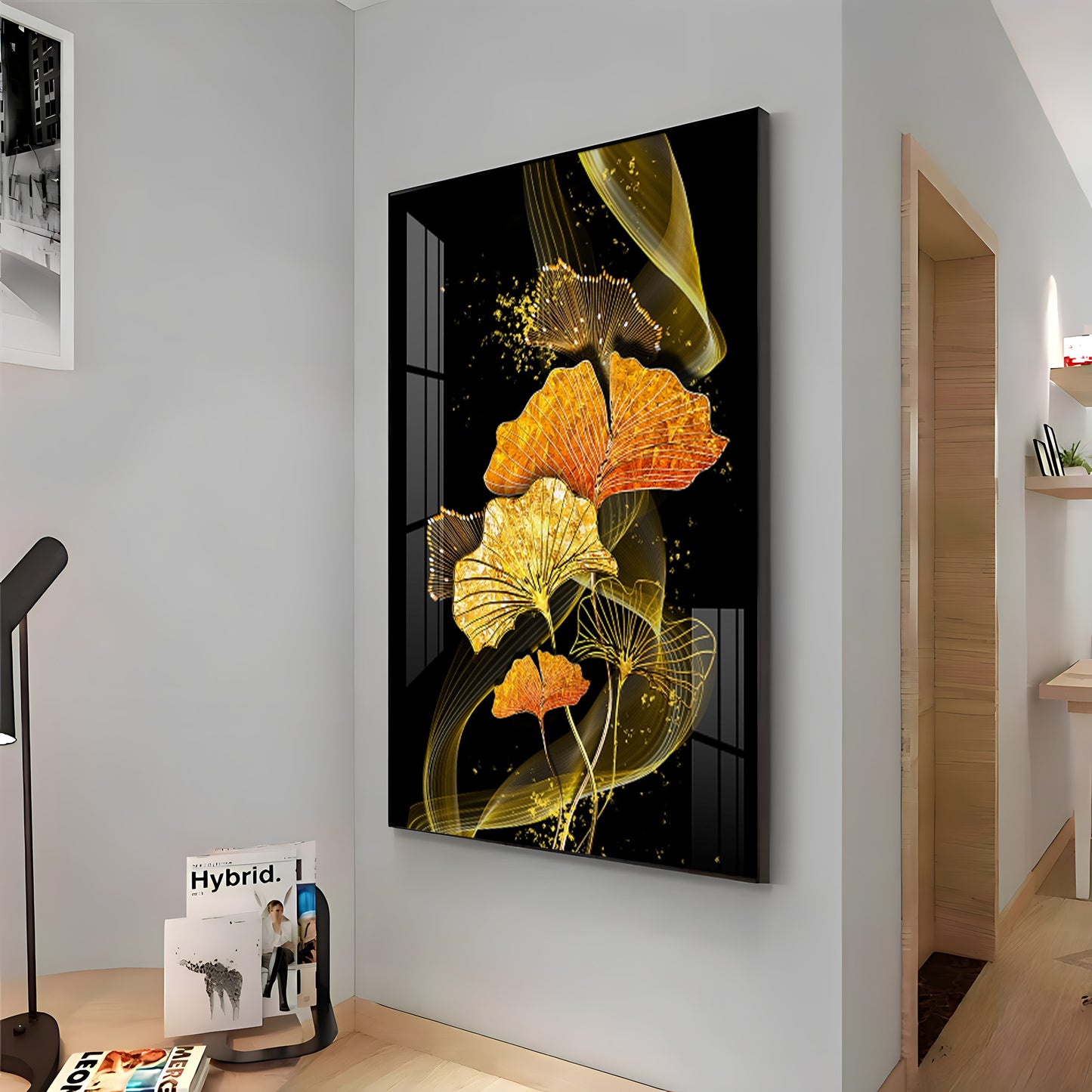 Golden Elegance Bloom Glass Finish Vertical Wall Art
