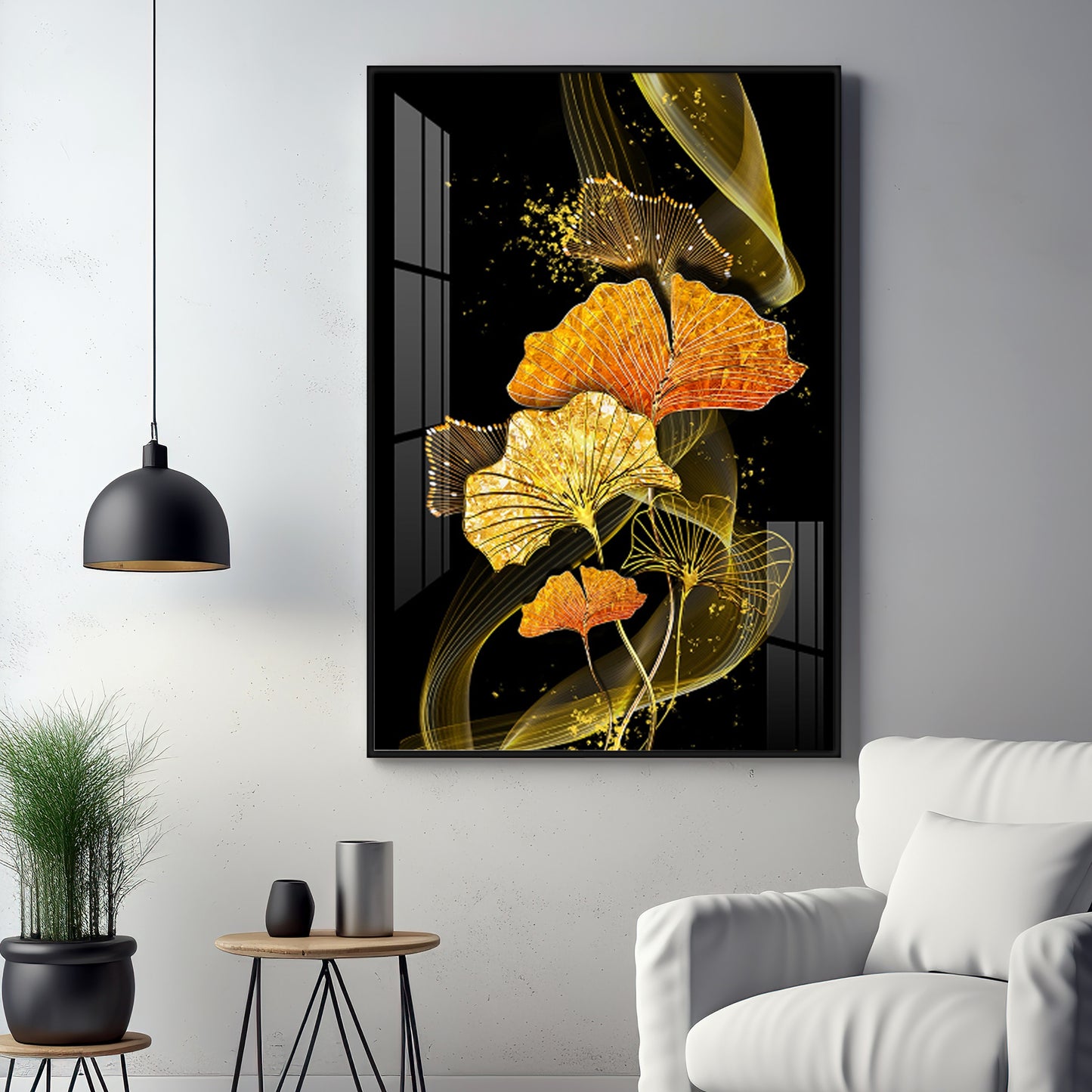 Golden Elegance Bloom Glass Finish Vertical Wall Art