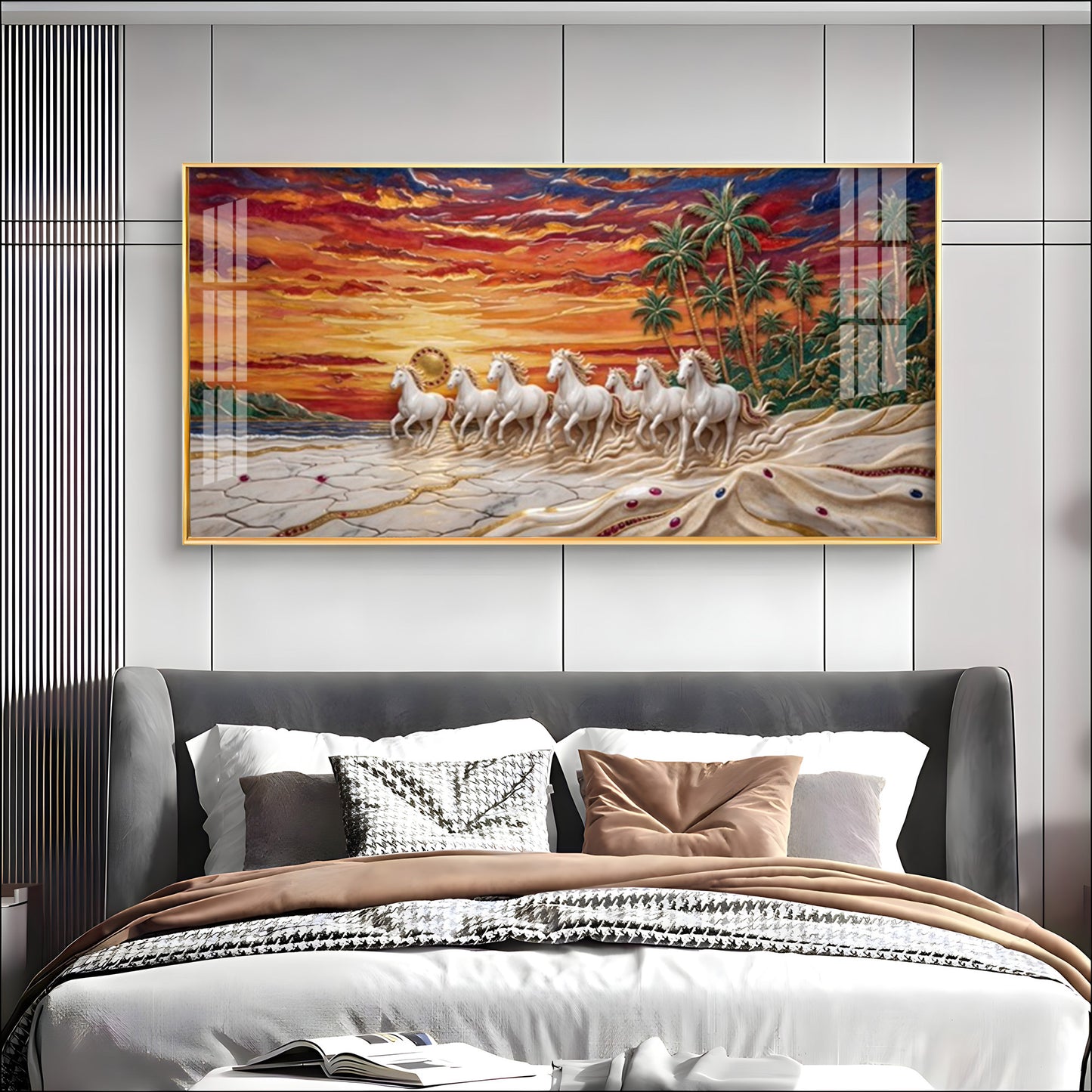 Seven Horses Vastu Glass Finish Horizontal Wall Art