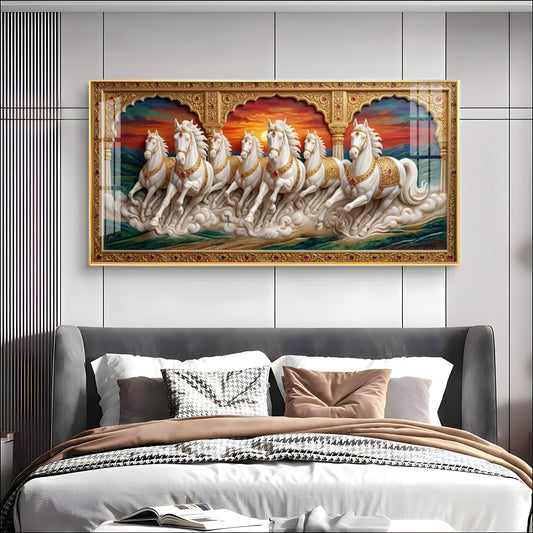 White Running Horses Vastu Glass Finish Horizontal Wall Art