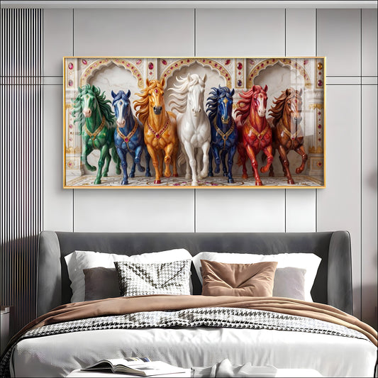Seven Colorful Horses Vastu Glass Finish Horizontal Wall Art