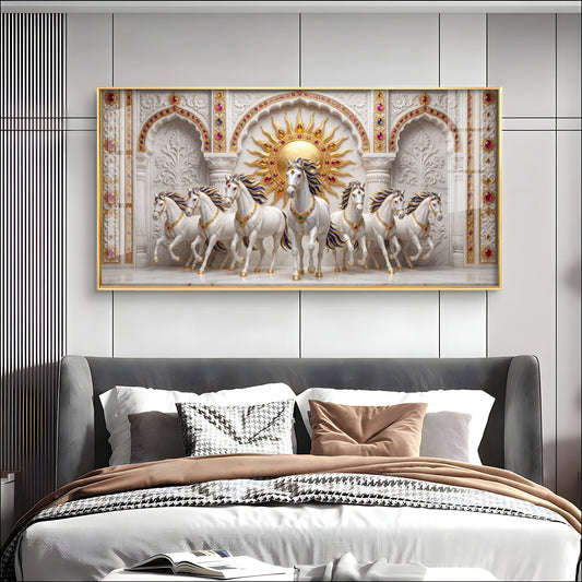 Beautiful White Running Horses Vastu Glass Finish Horizontal Wall Art