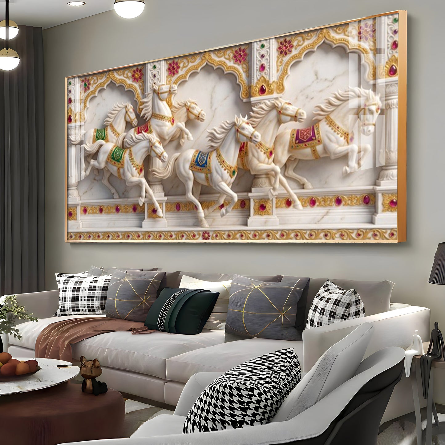 Seven White Horses Vastu Glass Finish Horizontal Wall Art