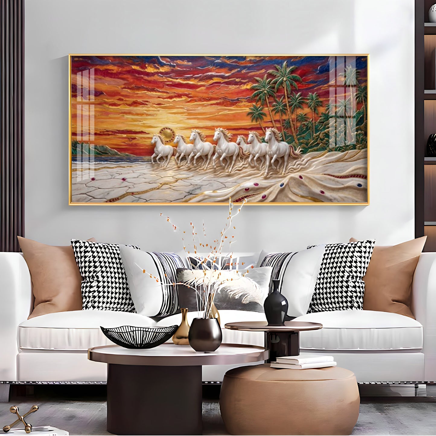Seven Horses Vastu Glass Finish Horizontal Wall Art