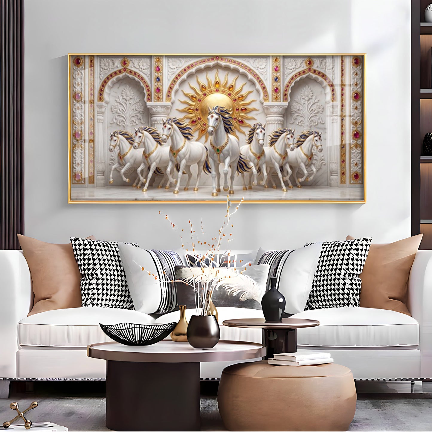 Beautiful White Running Horses Vastu Glass Finish Horizontal Wall Art