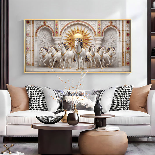 Beautiful White Running Horses Vastu Glass Finish Horizontal Wall Art