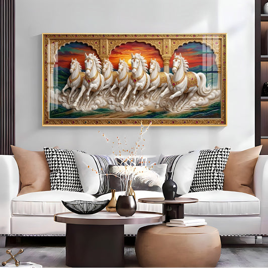 White Running Horses Vastu Glass Finish Horizontal Wall Art