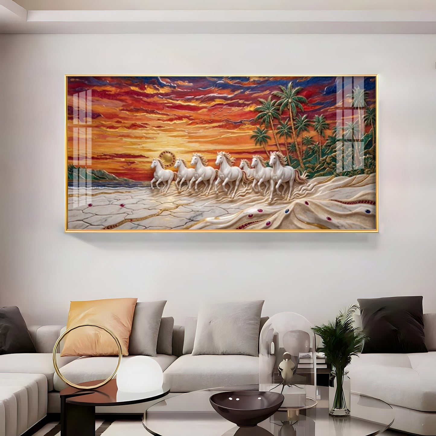 Seven Horses Vastu Glass Finish Horizontal Wall Art