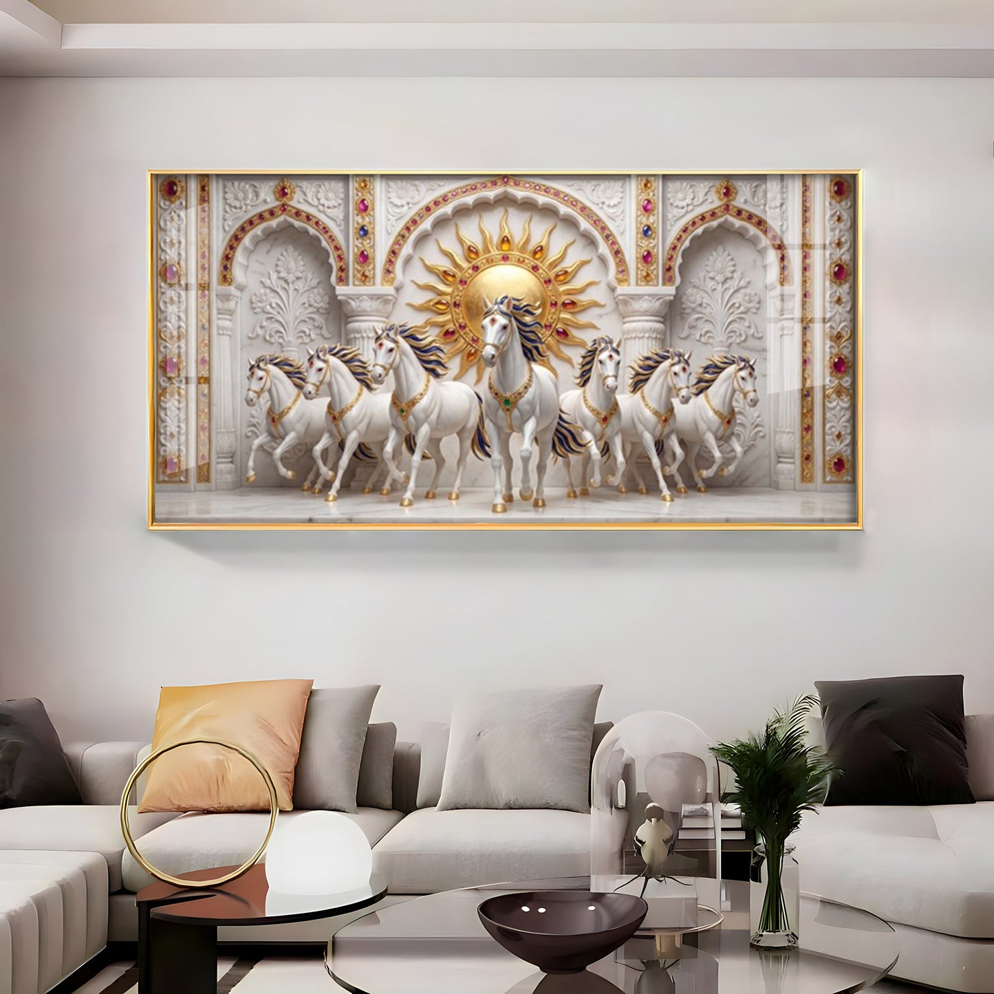 Beautiful White Running Horses Vastu Glass Finish Horizontal Wall Art