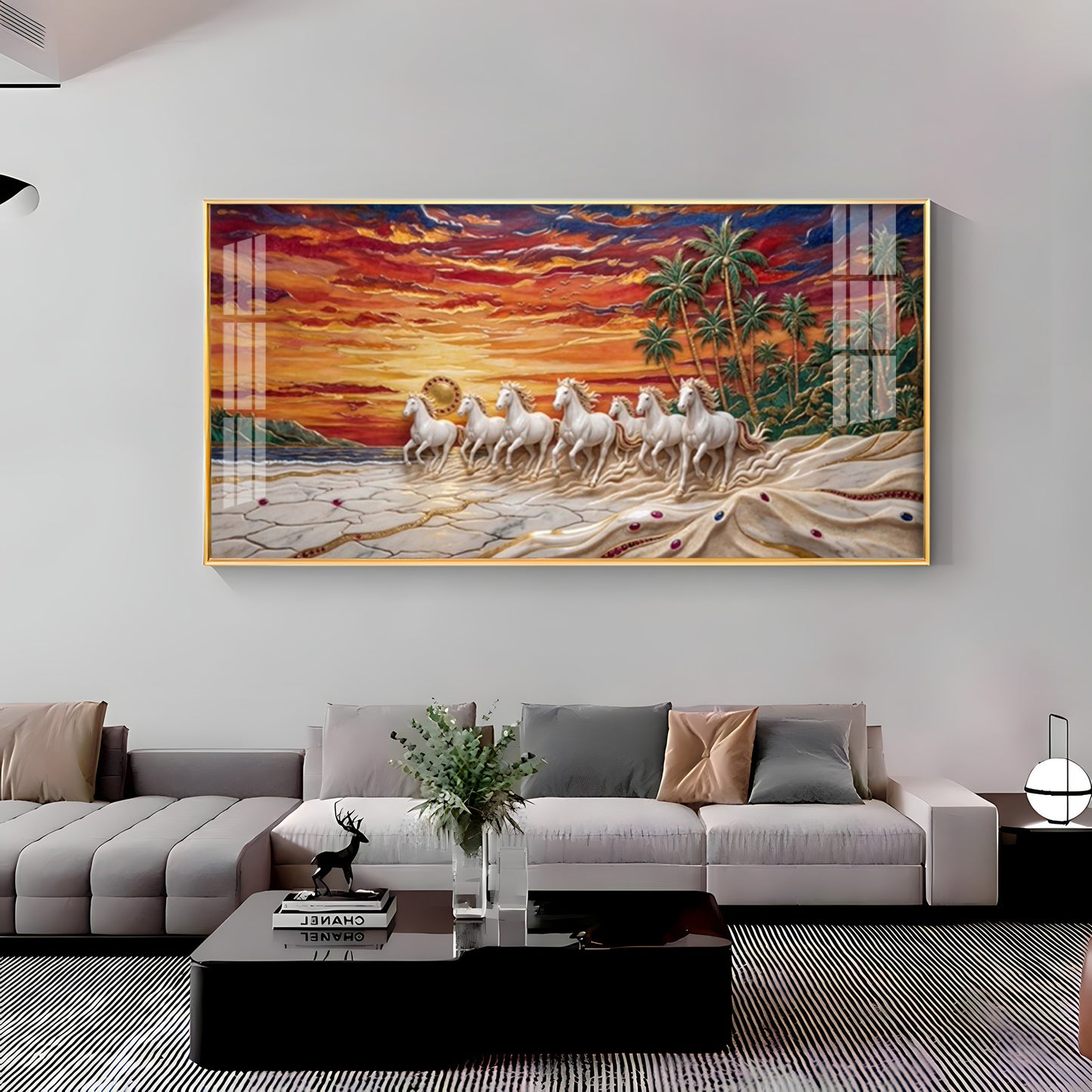 Seven Horses Vastu Glass Finish Horizontal Wall Art