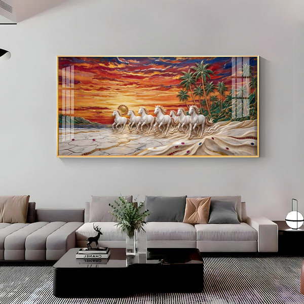 Seven Horses Vastu Glass Finish Horizontal Wall Art
