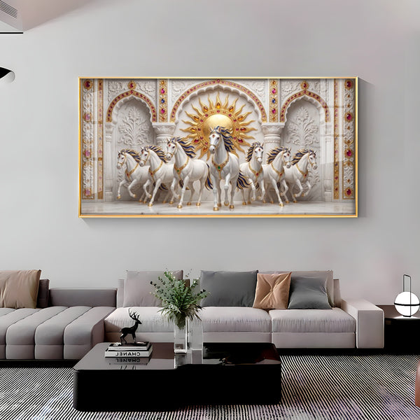 Beautiful White Running Horses Vastu Glass Finish Horizontal Wall Art