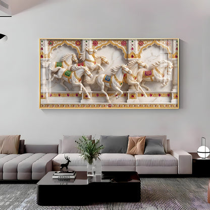 Seven White Horses Vastu Glass Finish Horizontal Wall Art