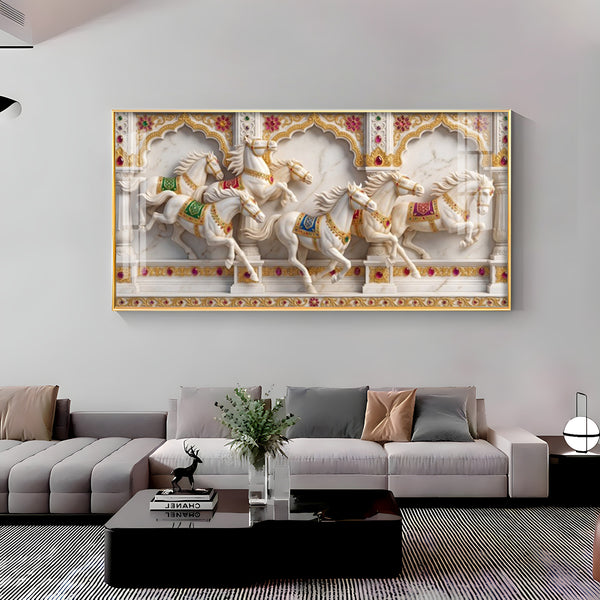 Seven White Horses Vastu Glass Finish Horizontal Wall Art