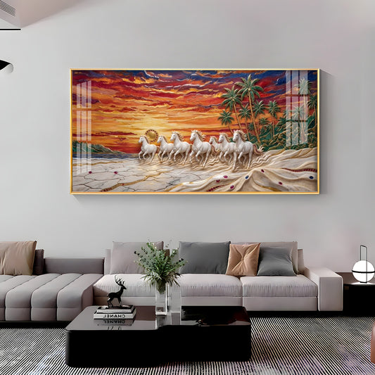 Seven Horses Vastu Glass Finish Horizontal Wall Art