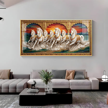 White Running Horses Vastu Glass Finish Horizontal Wall Art
