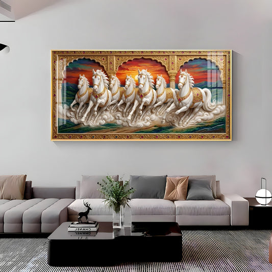 White Running Horses Vastu Glass Finish Horizontal Wall Art