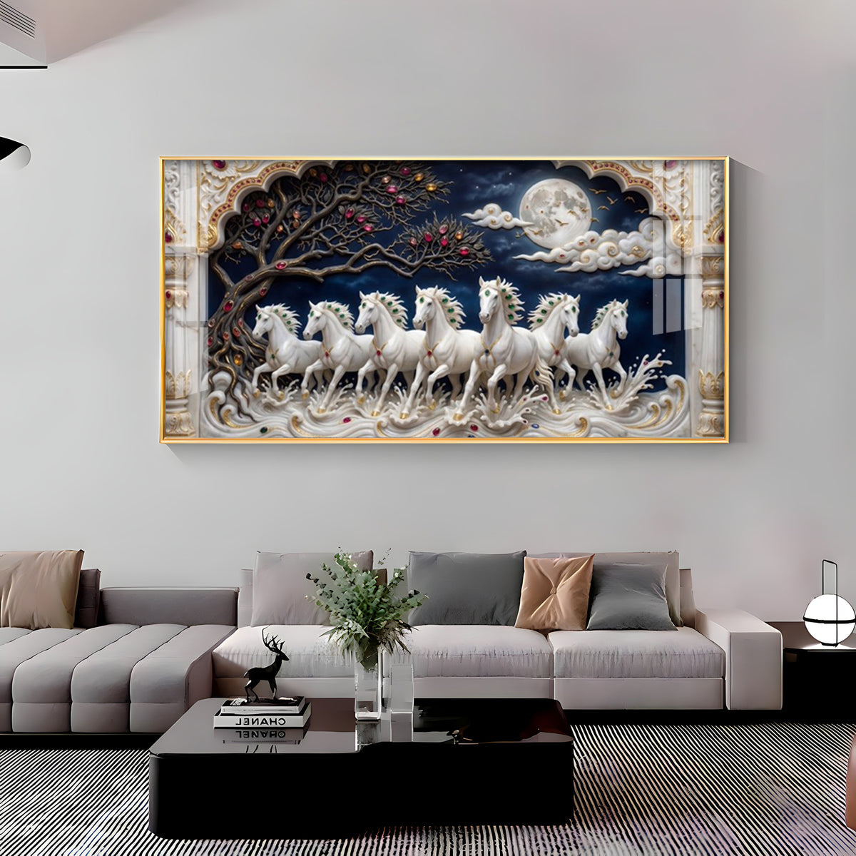 Beautiful Seven White Horses Vastu Glass Finish Horizontal Wall Art