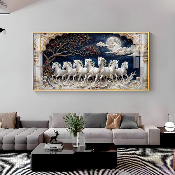Beautiful Seven White Horses Vastu Glass Finish Horizontal Wall Art