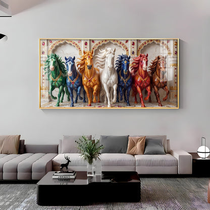 Seven Colorful Horses Vastu Glass Finish Horizontal Wall Art