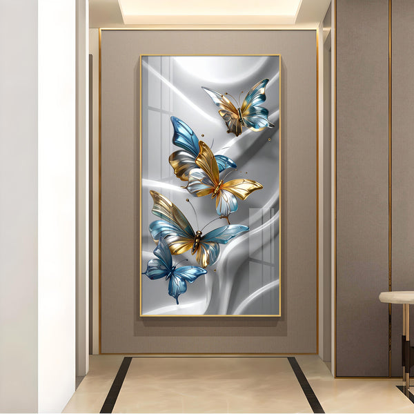 Golden Blue Flutter Glass Finish Vertical Wall Art