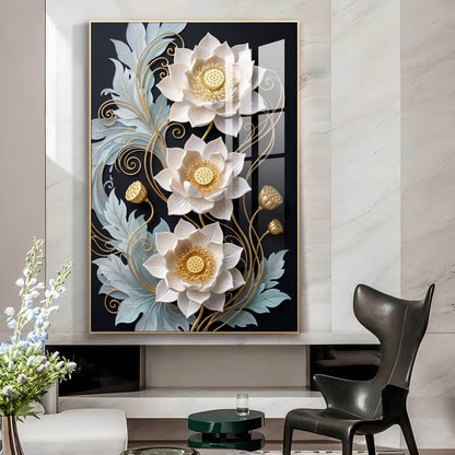 White Lotus With Golden Accents Glass Finish Vertical Wall Art