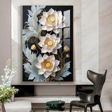 White Lotus With Golden Accents Glass Finish Vertical Wall Art