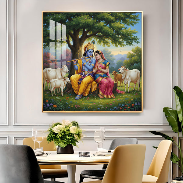 Radha Krishna With Cow Glass Finish Square Wall Art