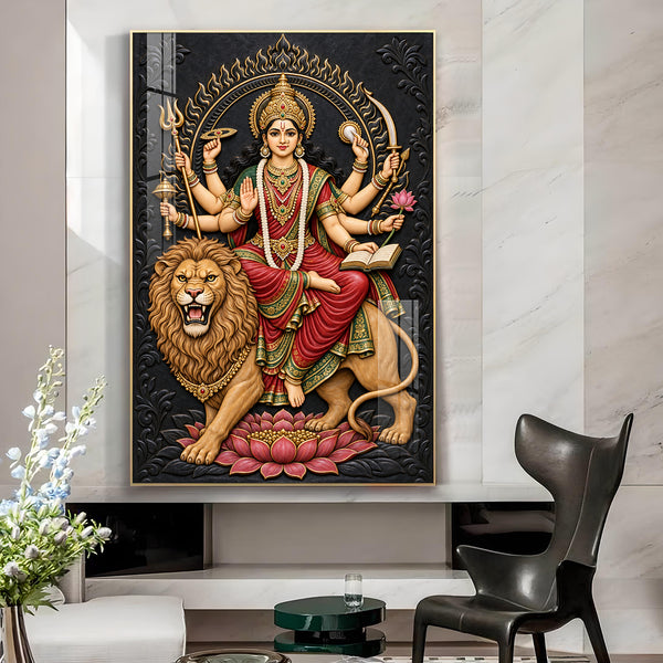 Divine Durga Maiya Glass Finish Vertical Wall Art
