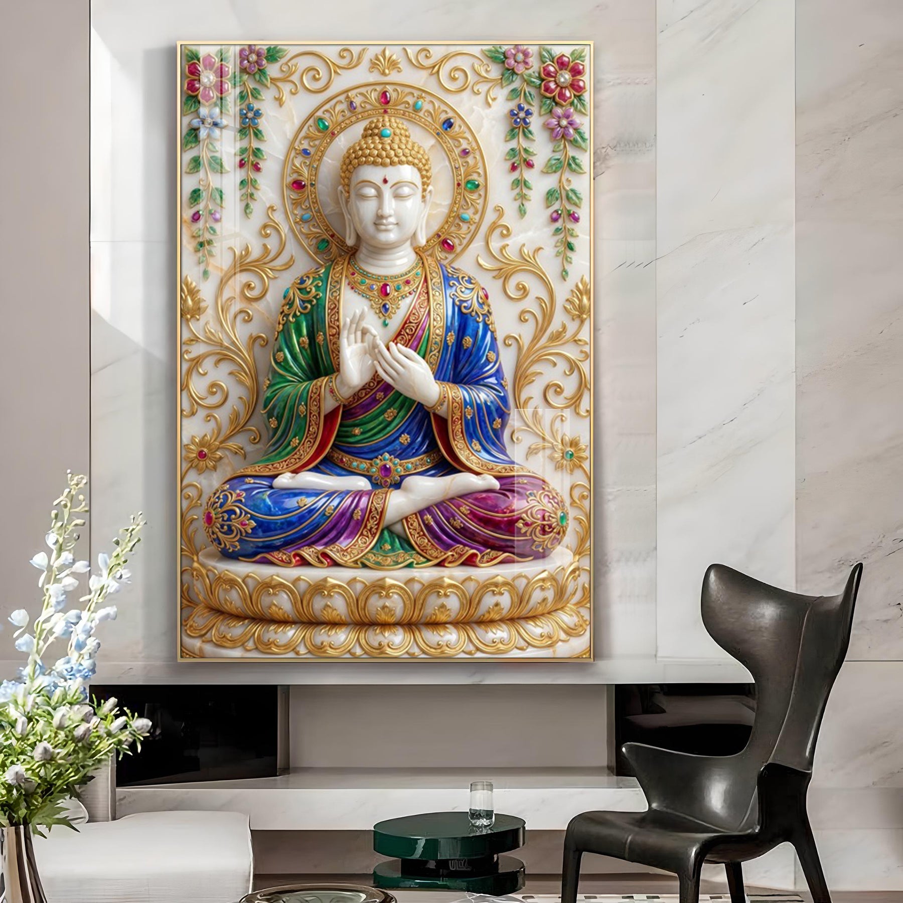 Divine Meditating Buddha Glass Finish Vertical Wall Art