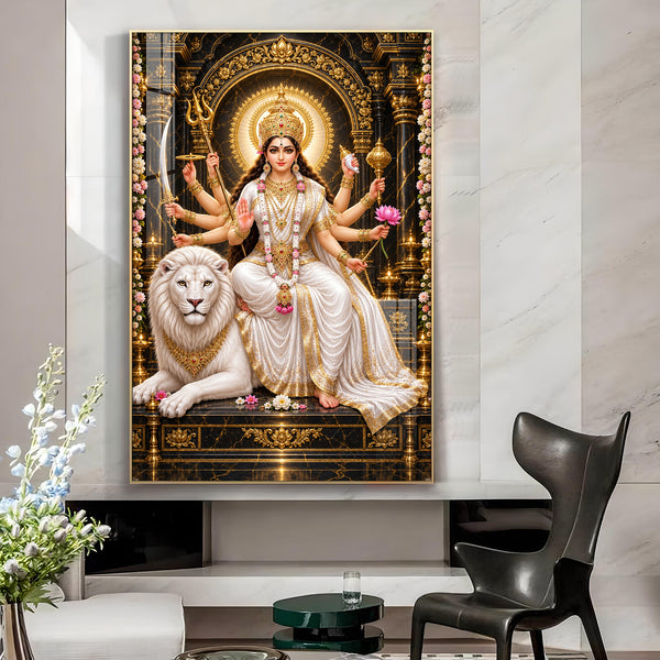 Jagadamba With White Lion Glass Finish Vertical Wall Art