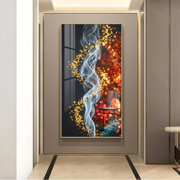 Whispers of Golden Bloom Glass Finish Vertical Wall Art