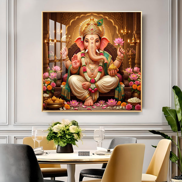Lord Ganesha with Floral Garlands Glass Finish Square Wall Art