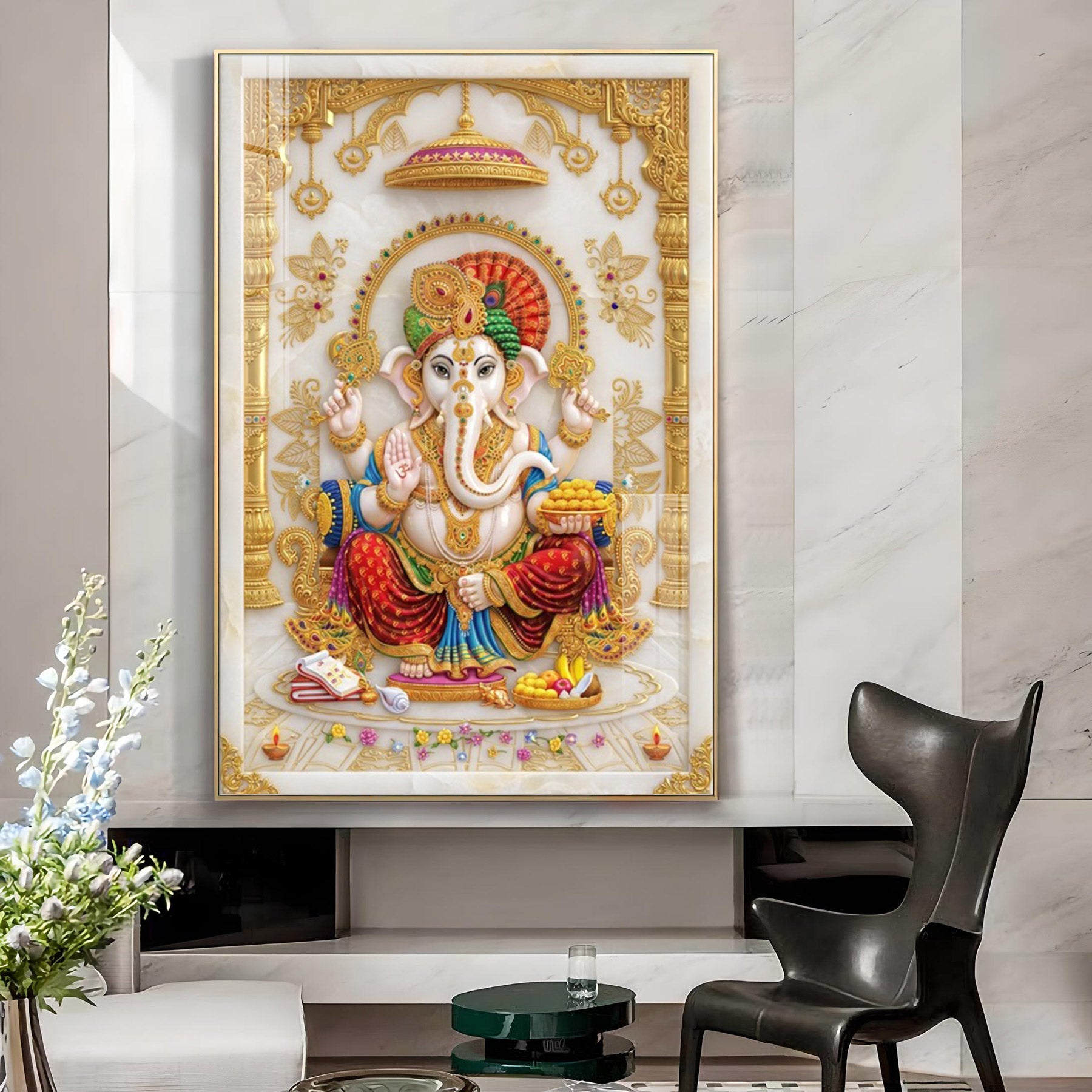 Depiction Of Lord Ganesha Glass Finish Vertical Wall Art
